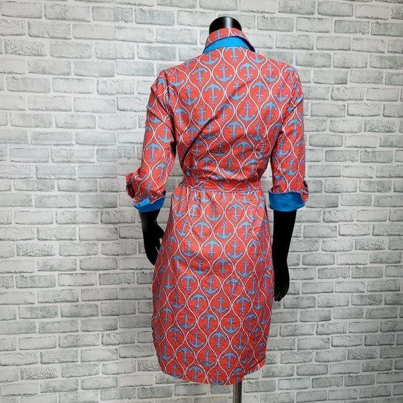 Haley and the Hound Womens 8 Coral Anchor Madeline Button Front Shirt Dress Belt - Picture 5 of 7
